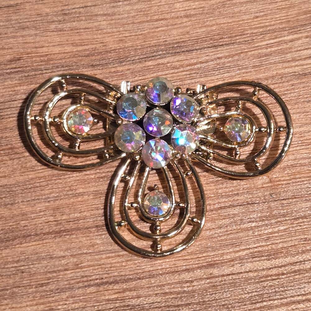Vintage Tip Toe Signed Rhinestone Shoe Sweater Clip Flower Clover Clasp